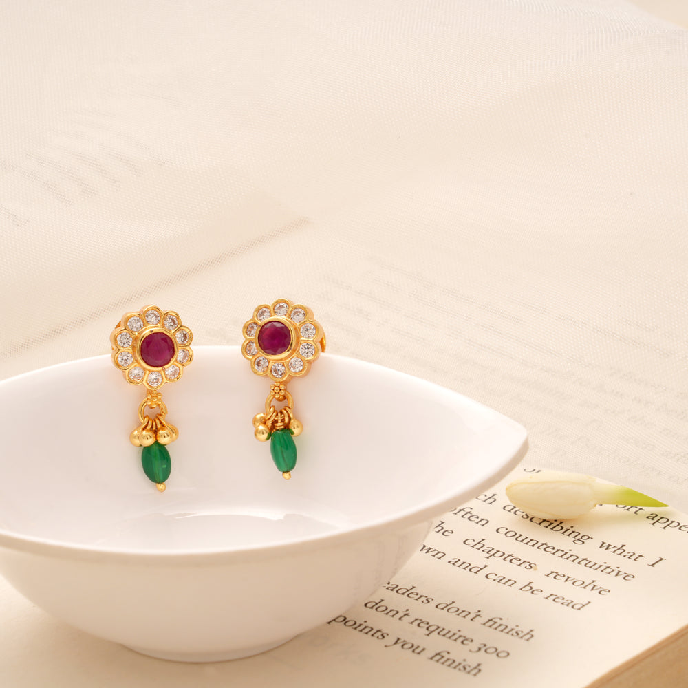 Sunflower Ruby and Emerald Beads Golden Earring