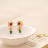 Sunflower Ruby and Emerald Beads Golden Earring