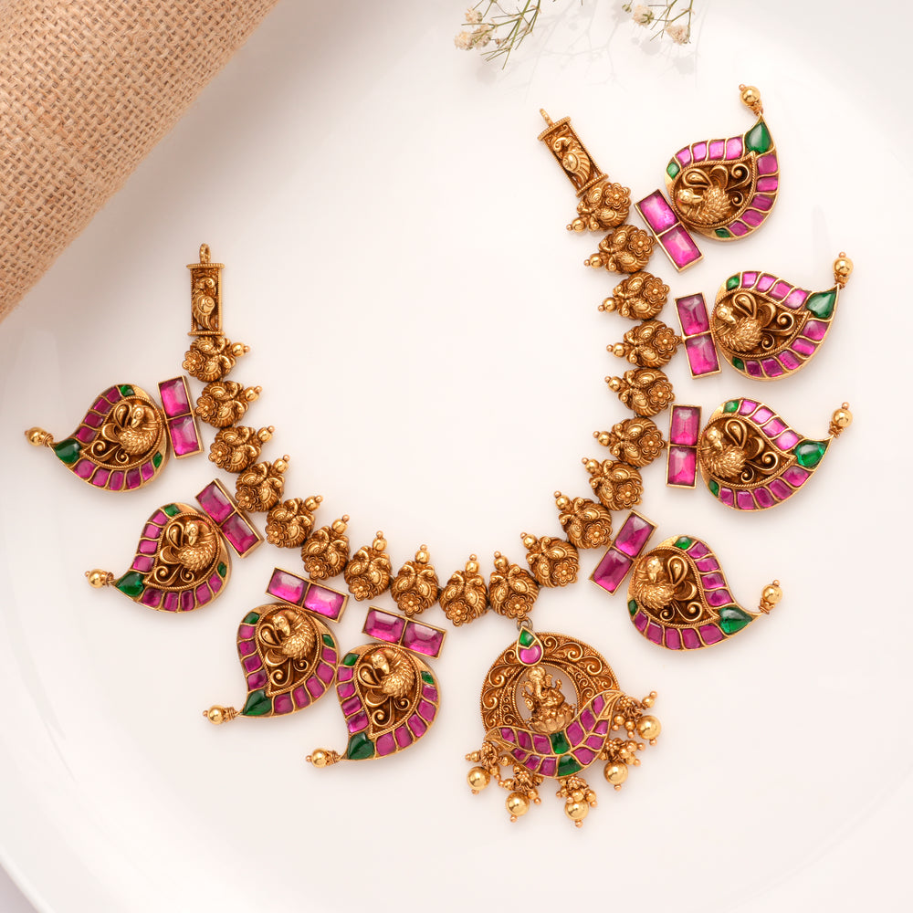 Grand Bridal Ruby Emerald Mango Motif Necklace