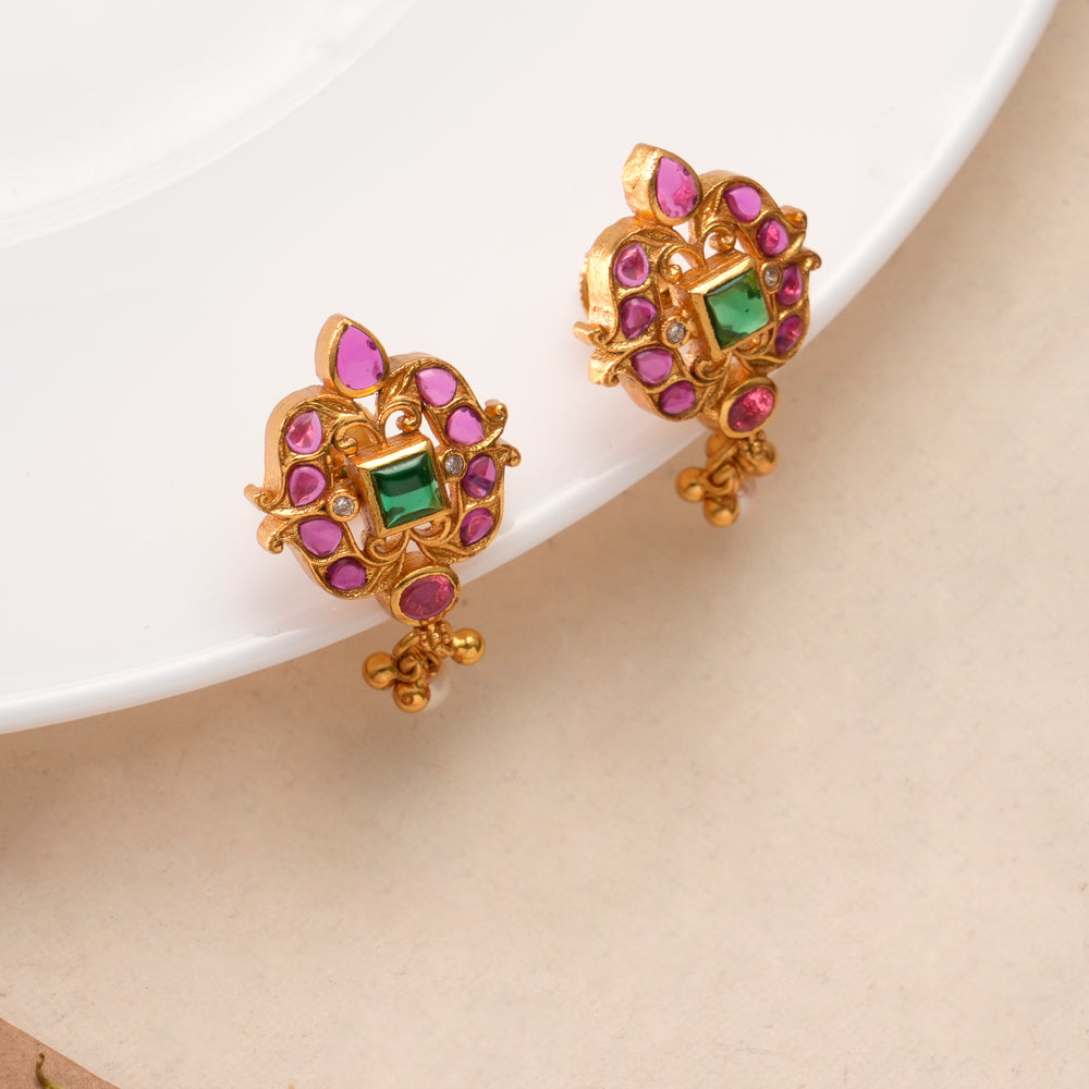 Halo Emerald and Ruby Golden Drop Earring