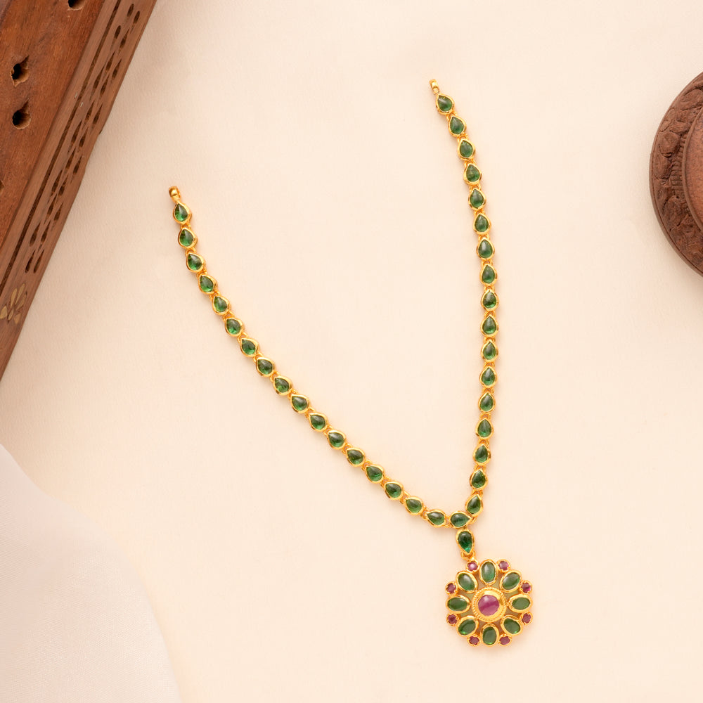 Vintage Style Ruby Emerald Blossom Golden Necklace