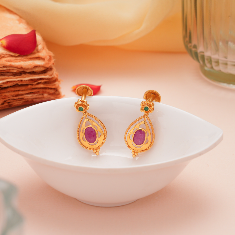 Classic Ruby Leaf Drop Gold Earrings