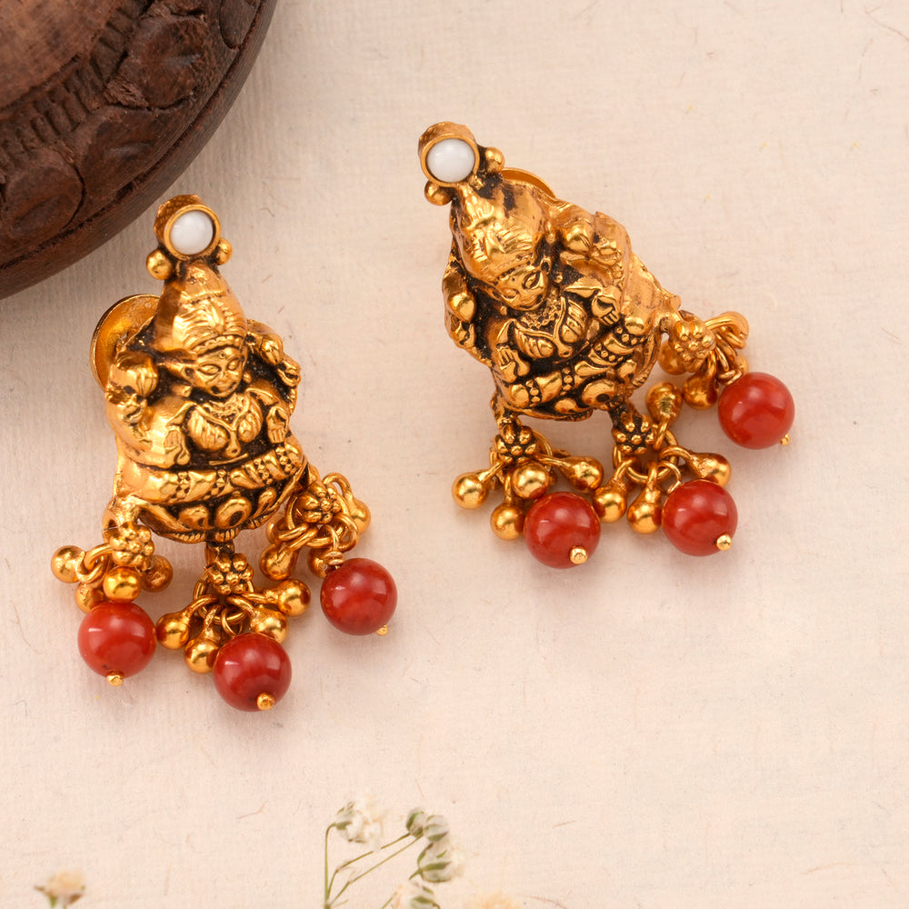 Antique Lakshmi Red Bead Drop Golden Earring