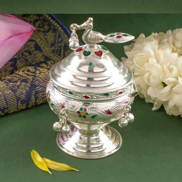 Silver Peacock Shaped Kumkum Box