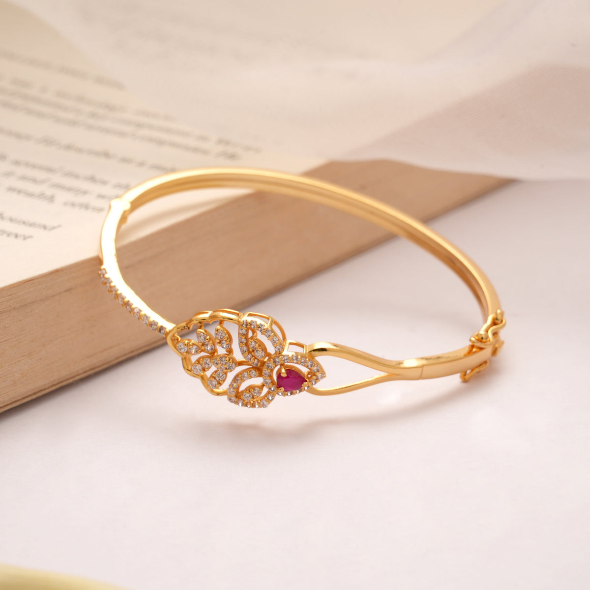 Radiant Ruby Blooming Floral Golden Kada