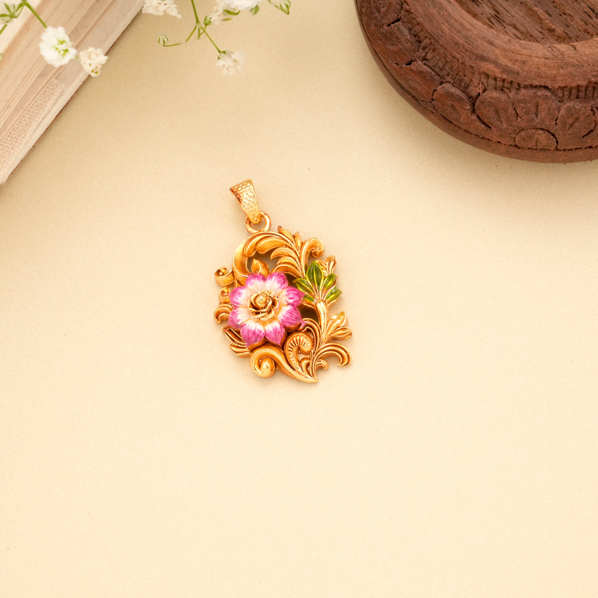 Graceful Blossom Enamel Golden Pendant