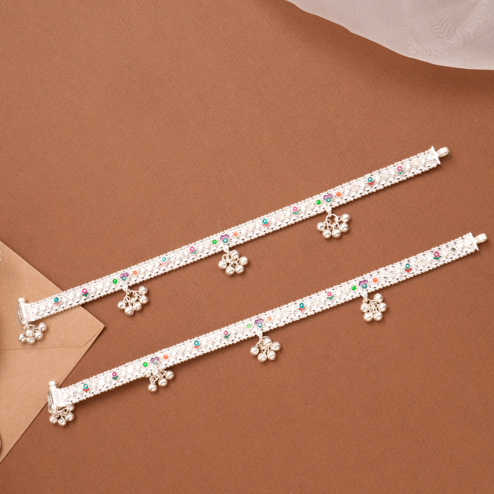 Classic Enamel Floral Bell Drop Silver Anklet