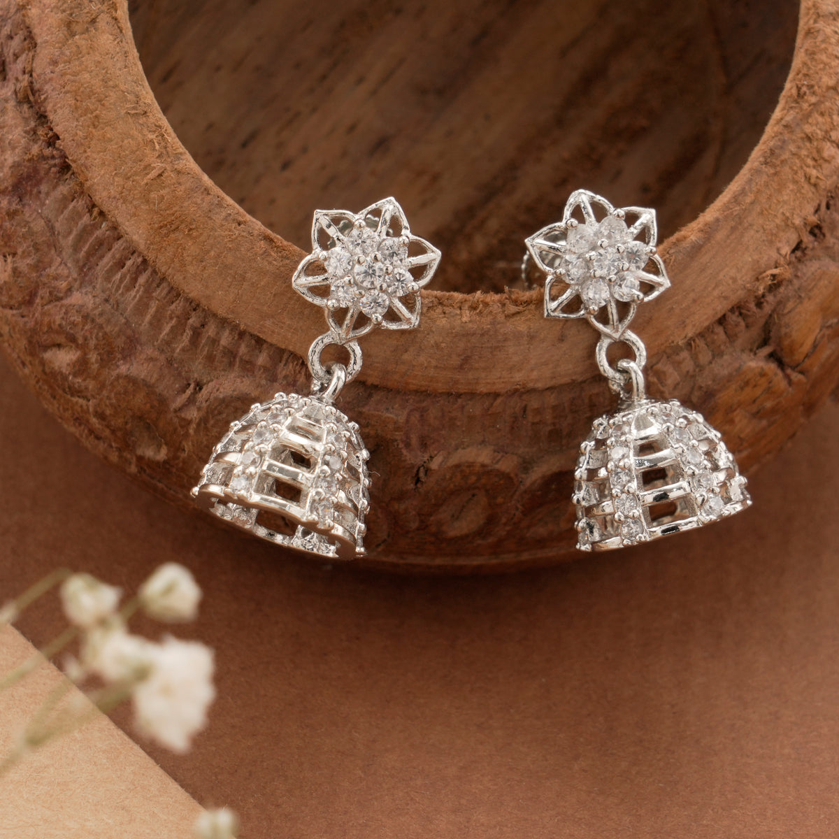 Floral Cage Bell Shape Silver Jhumkas