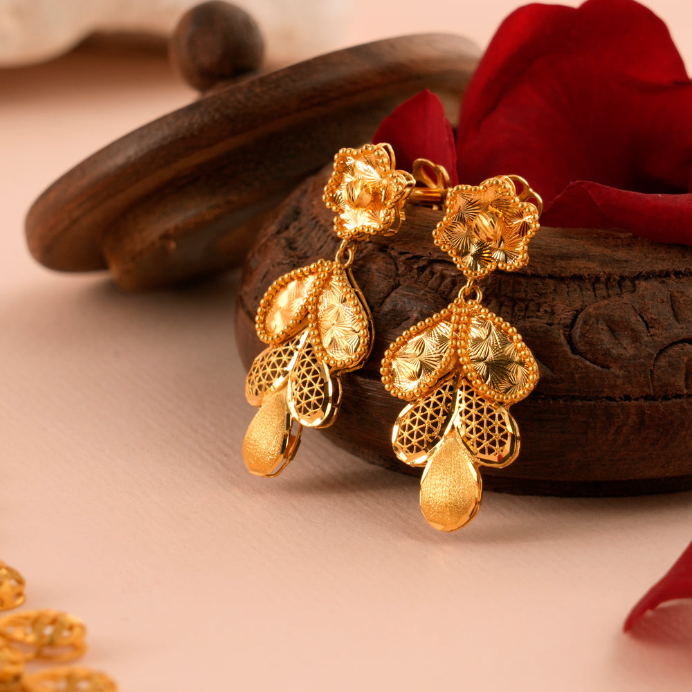 Floral and Raindrop Gold Earrings