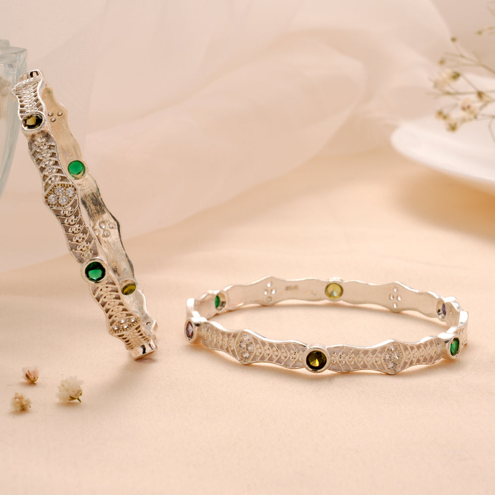 Elegant Green Stone Silver Bangle