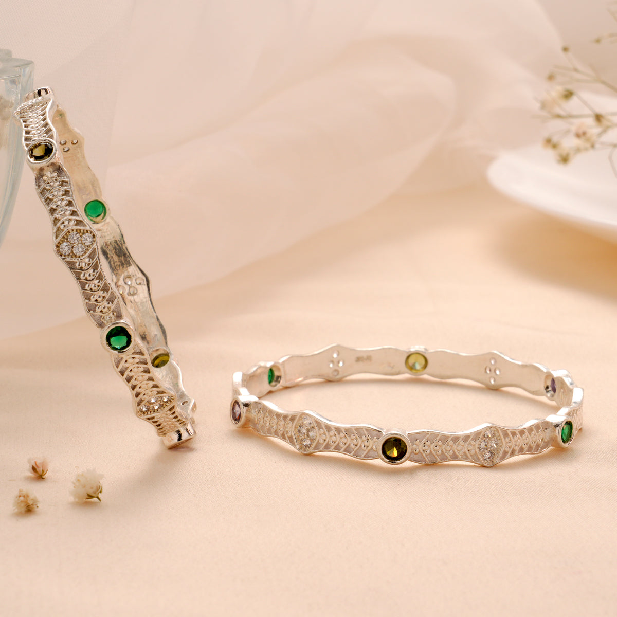 Elegant Green Stone Silver Bangle