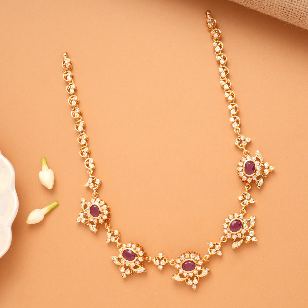 Blossom Ruby Floral White Stone Golden Necklace