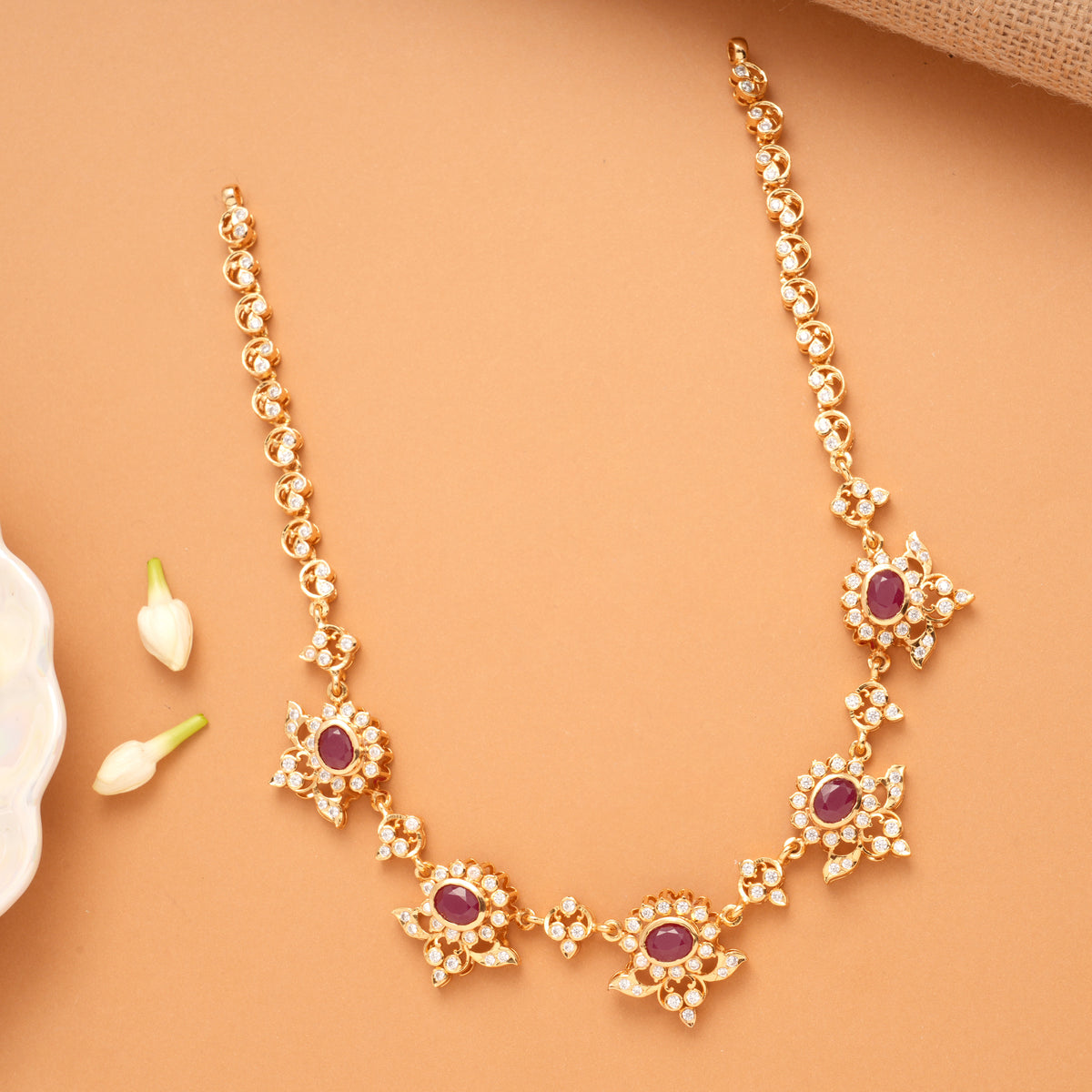 Blossom Ruby Floral White Stone Golden Necklace