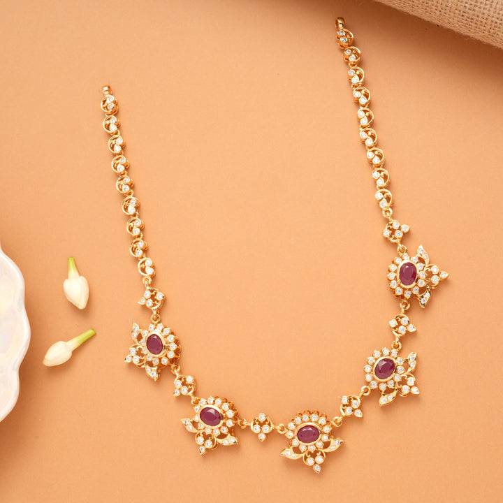 Blossom Ruby Floral White Stone Golden Necklace