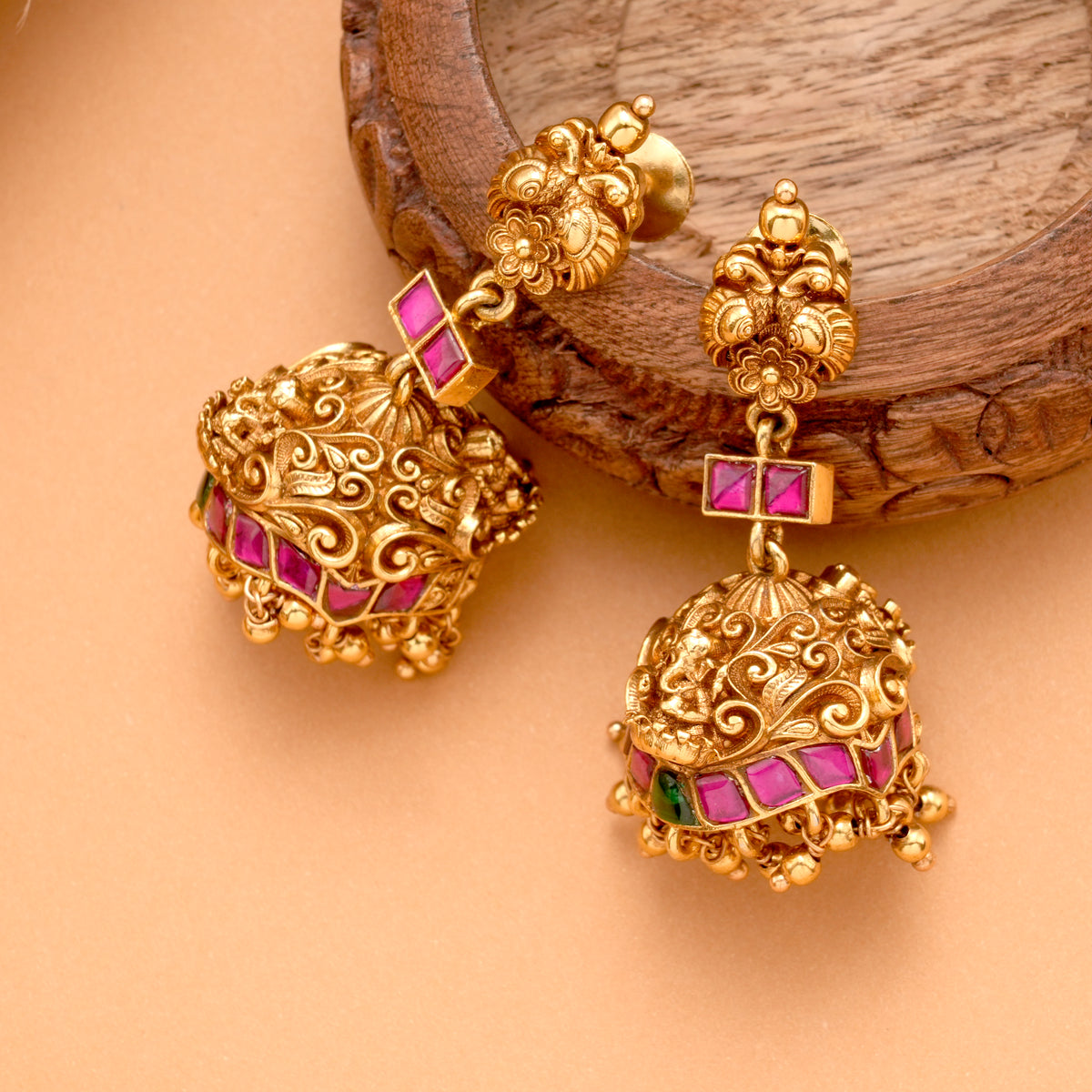 Temple Inspired Ruby Vinayagar Golden Jhumkas