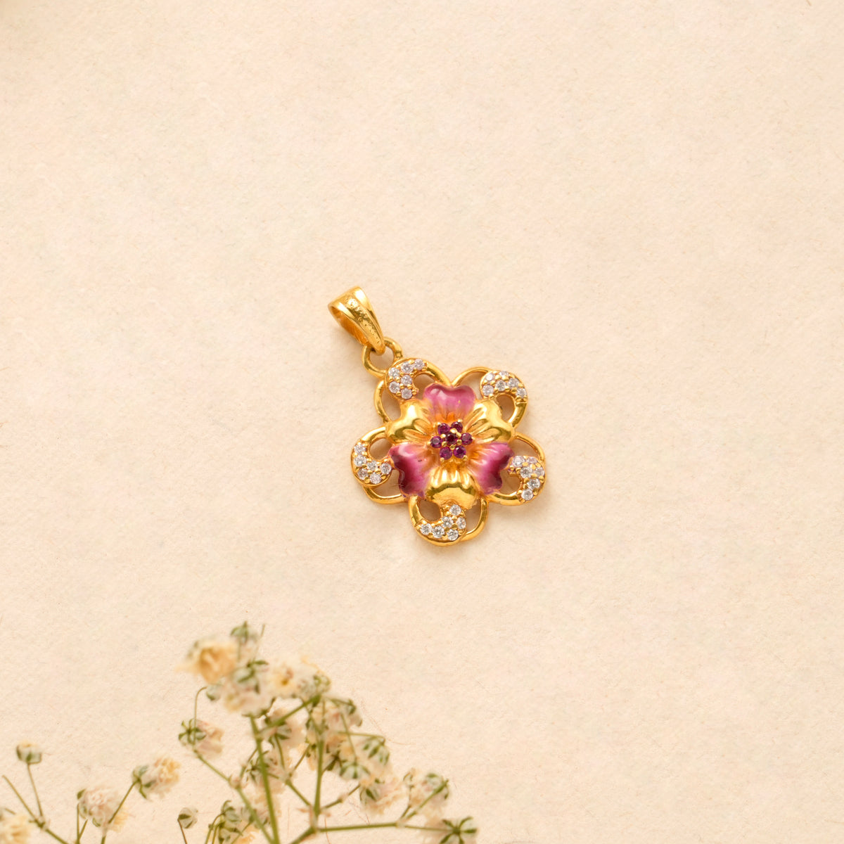 Blooming Ruby Flower Golden Pendant