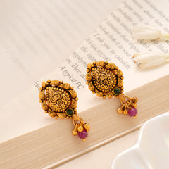 Antique Coin Ruby Drop Silver Gold Plated Stud