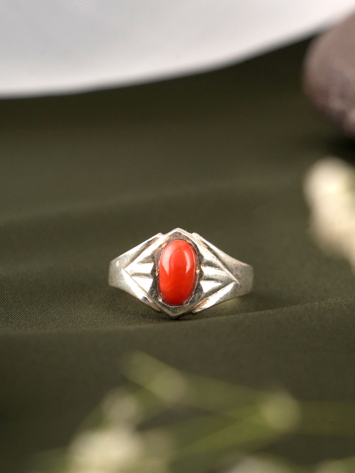 Traditional Red Coral Gemstone Silver Ring