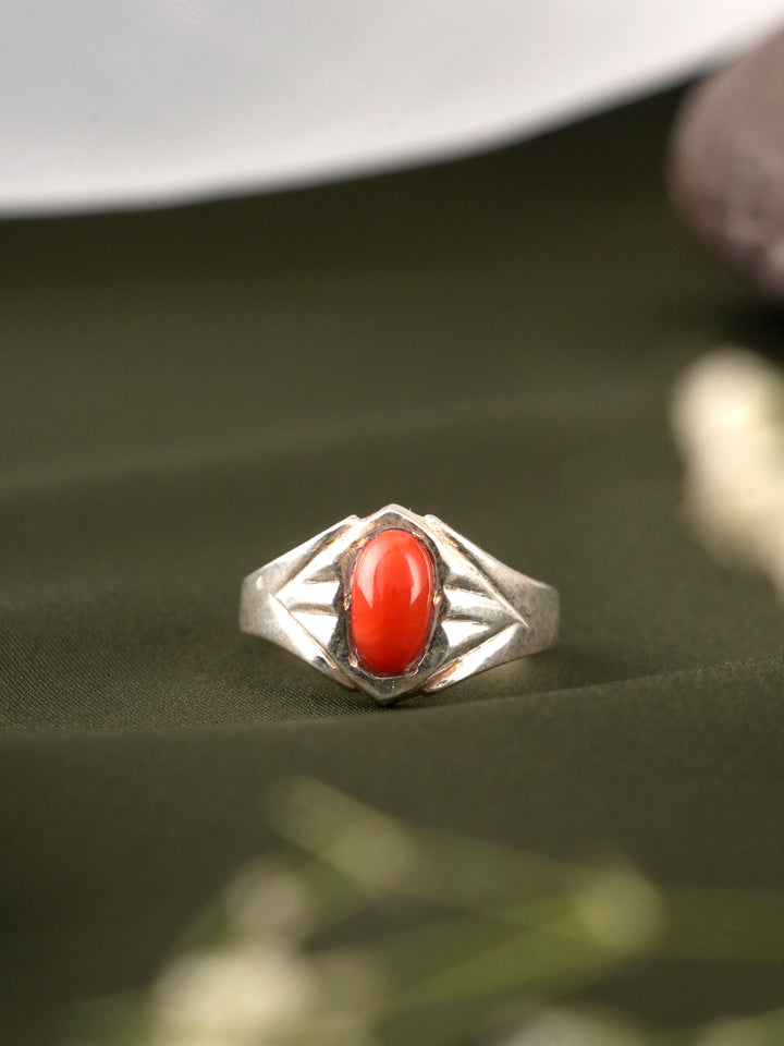 Traditional Red Coral Gemstone Silver Ring
