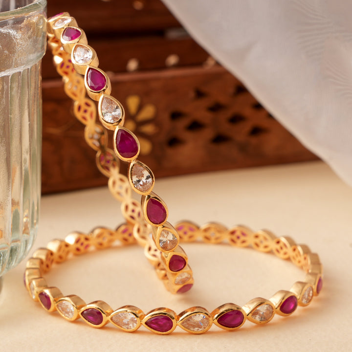 Ruby and White Stone Silver Bangles