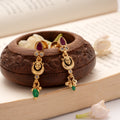 Fancy Ruby with Green Bead Drops Golden Earrings