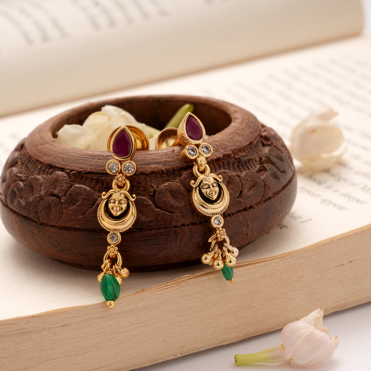 Fancy Ruby with Green Bead Drops Golden Earrings