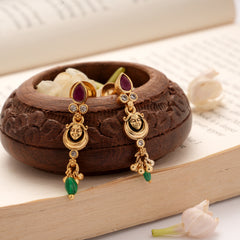 Fancy Ruby with Green Bead Drops Golden Earrings