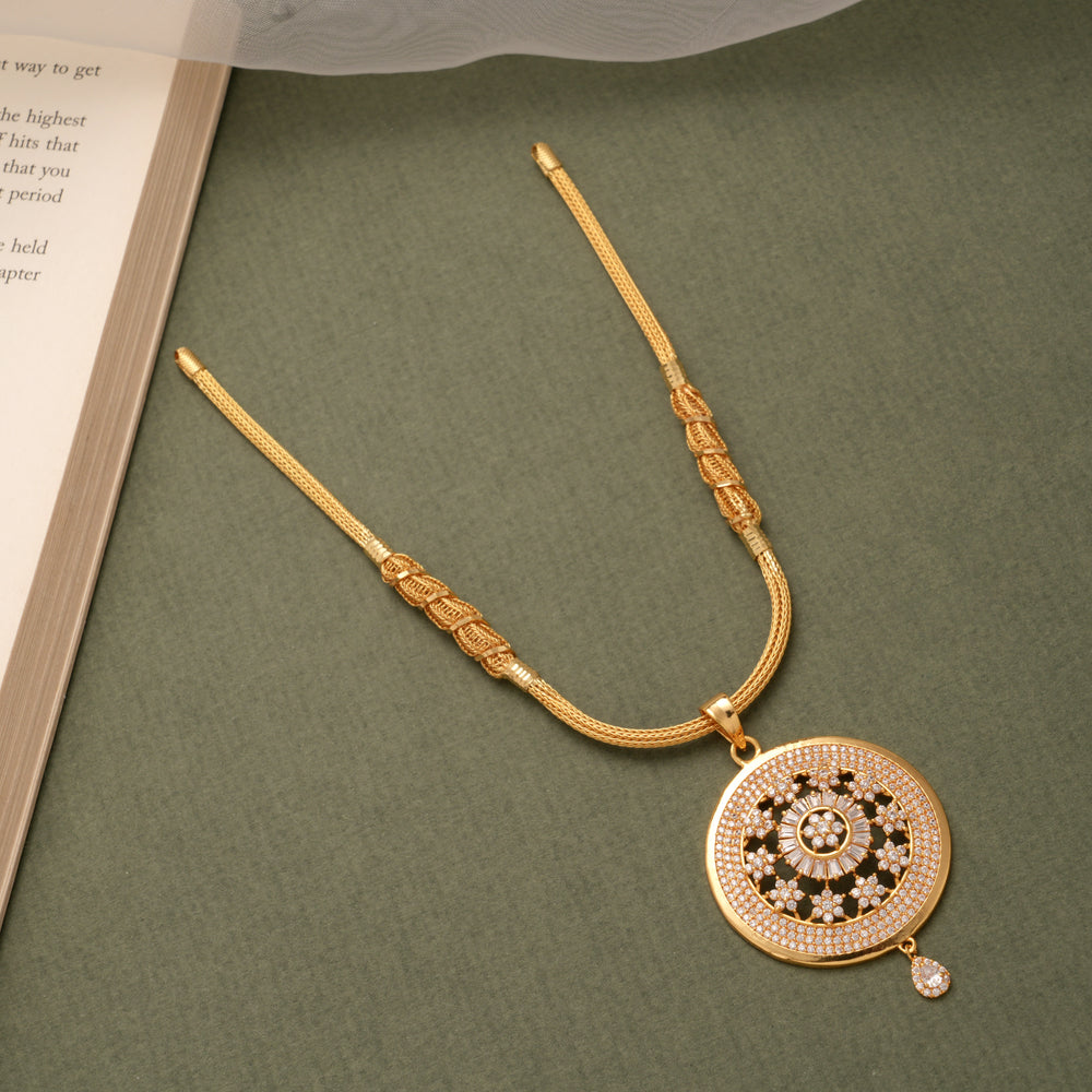 Intricate Round Floral Pendant Golden Necklace