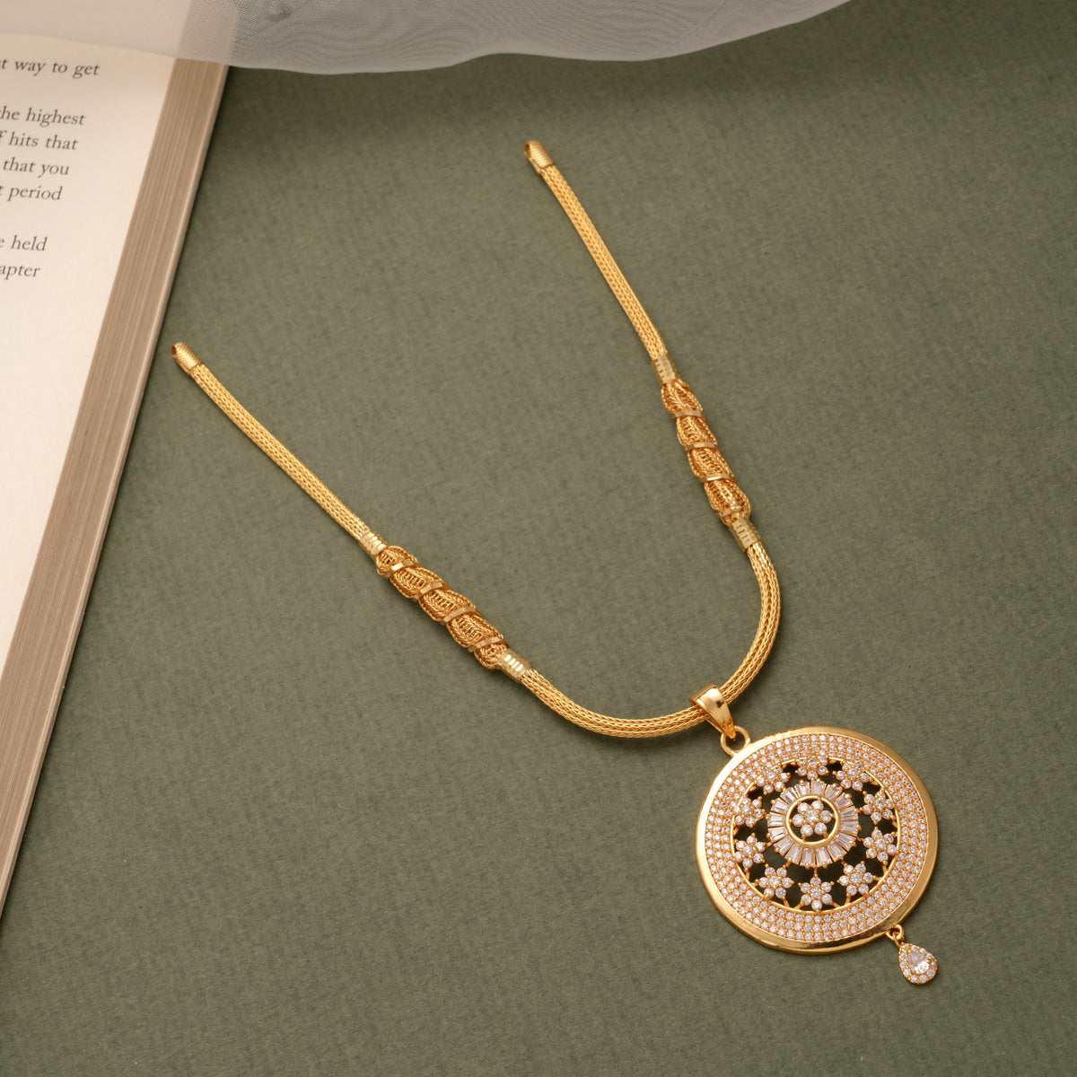 Intricate Round Floral Pendant Golden Necklace
