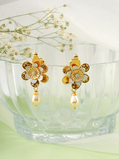 Flower with Pearl Drop Gold Earrings