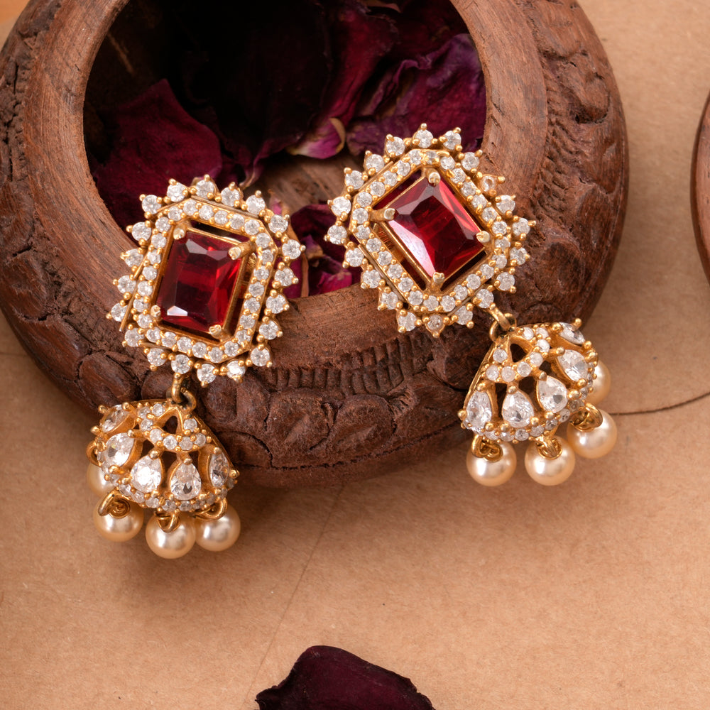 Halo Red Stone Pearl Drops Swarovski Earring