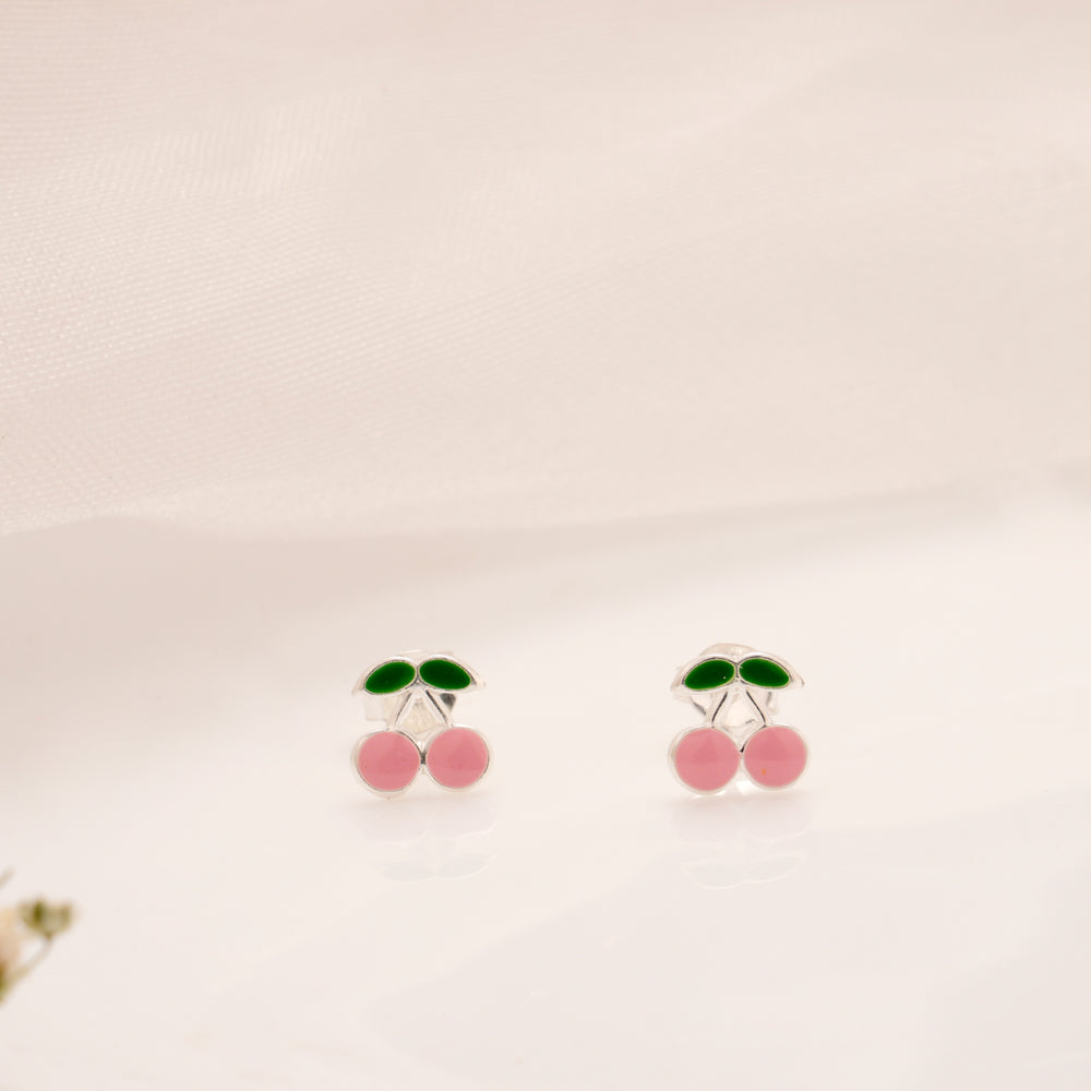 Cute Cherry Enamel Silver Stud