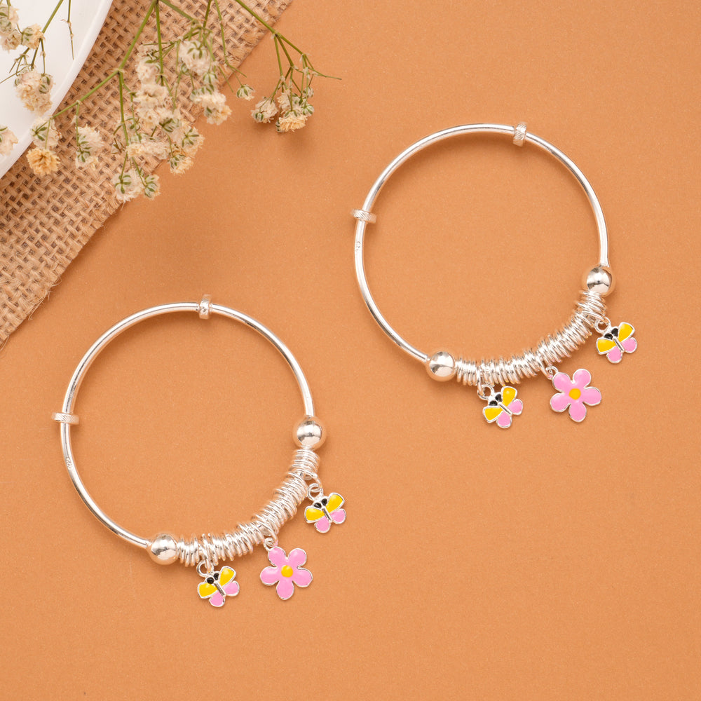 Butterfly & Pink Flower Charm Baby Silver Bangle