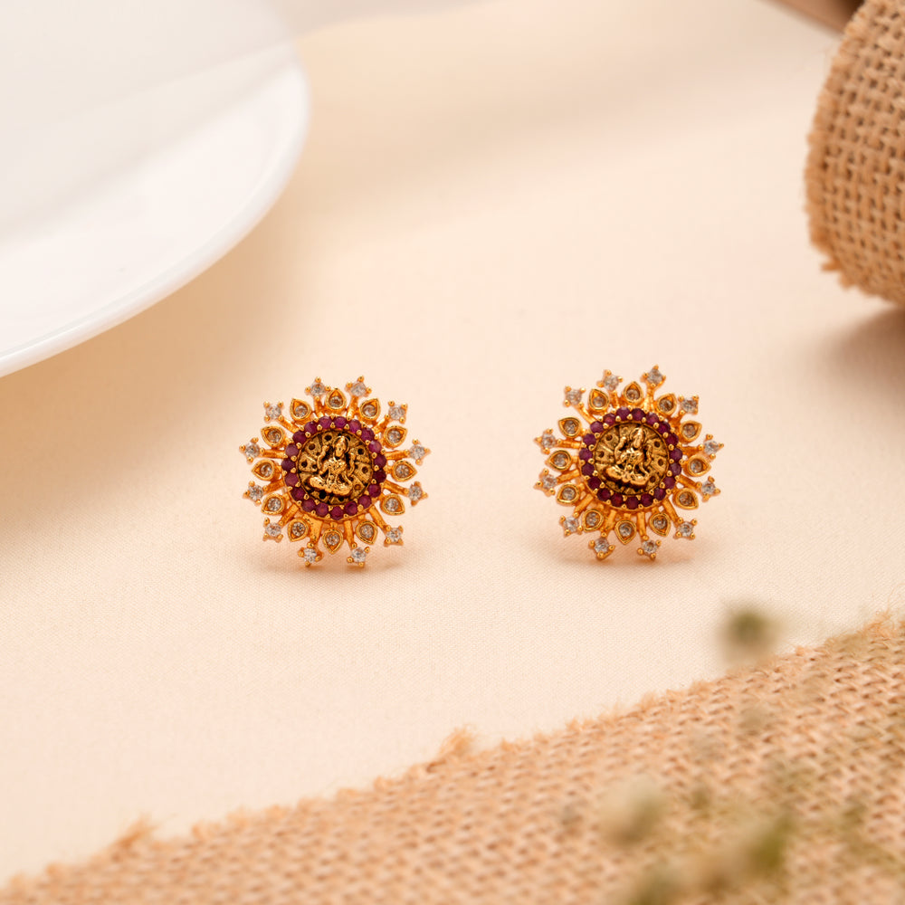 Temple Style Divine Lakshmi Ruby Golden Stud