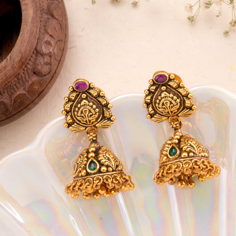 Antique Ruby and Emerald Golden Jhumkas