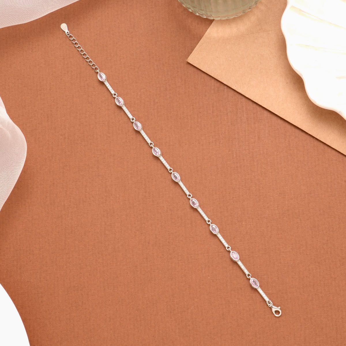 Trendy Baby Pink Oval Stone Silver Bracelet