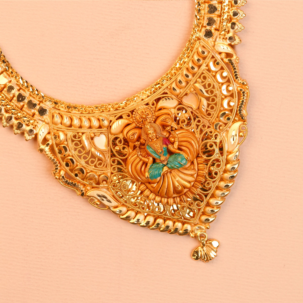 Gold Plated Silver Lakshmi Filigree Haram with Enamel Work and Broad Pendant