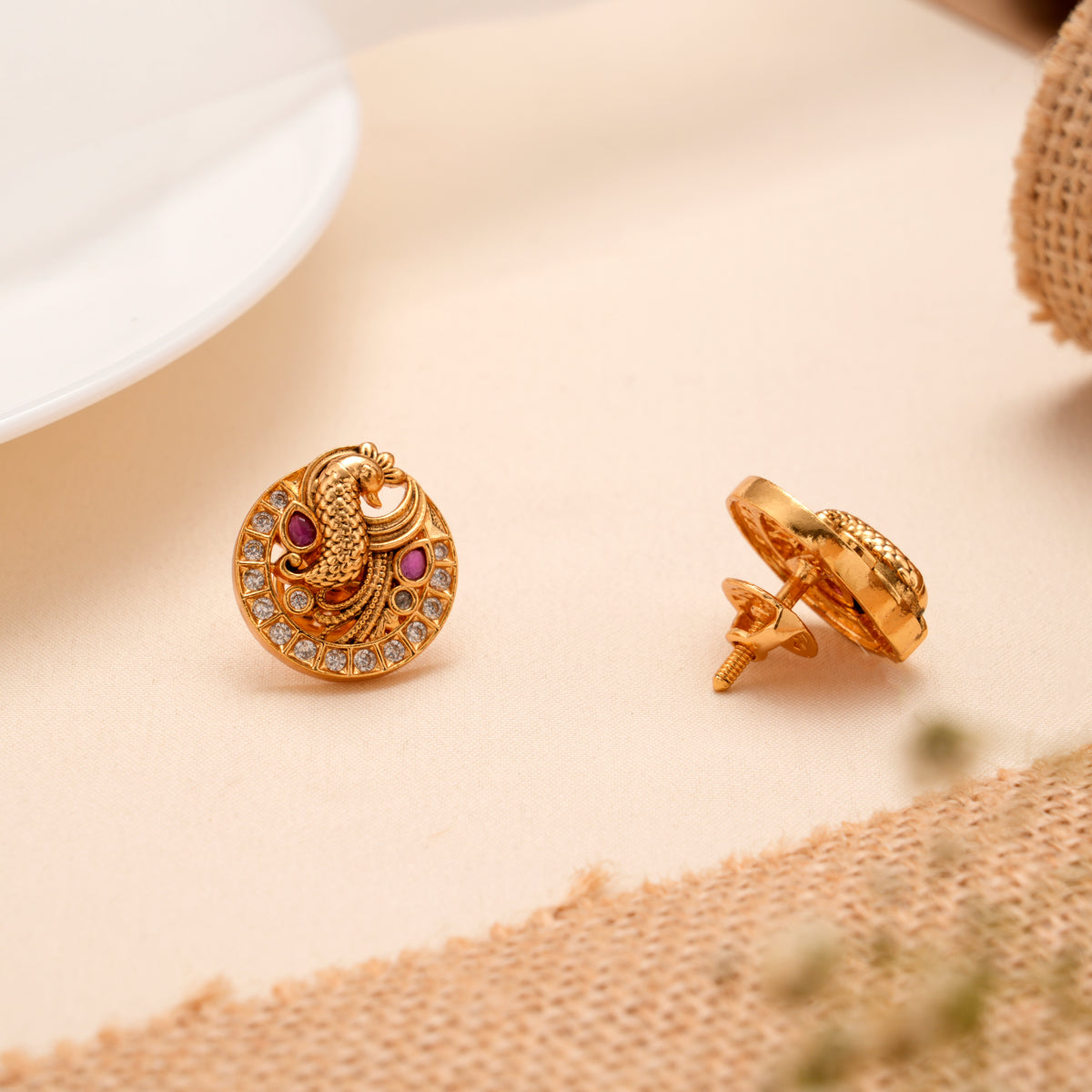 Golden Peacock with White Stone Kemp Stud