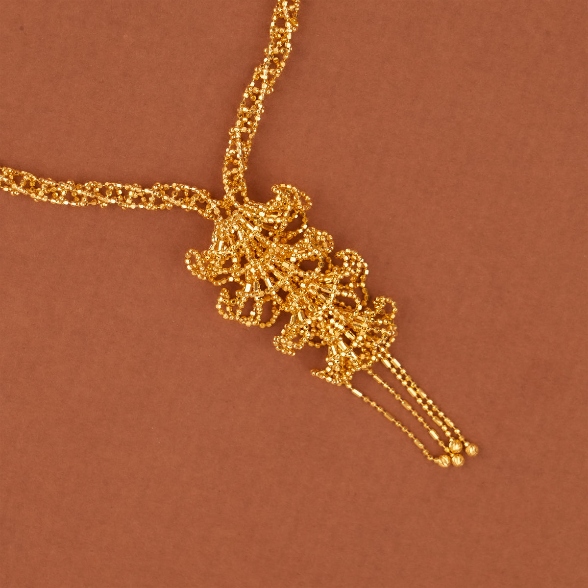 Gold Beaded Chain Necklace with Filigree Tassel Pendant
