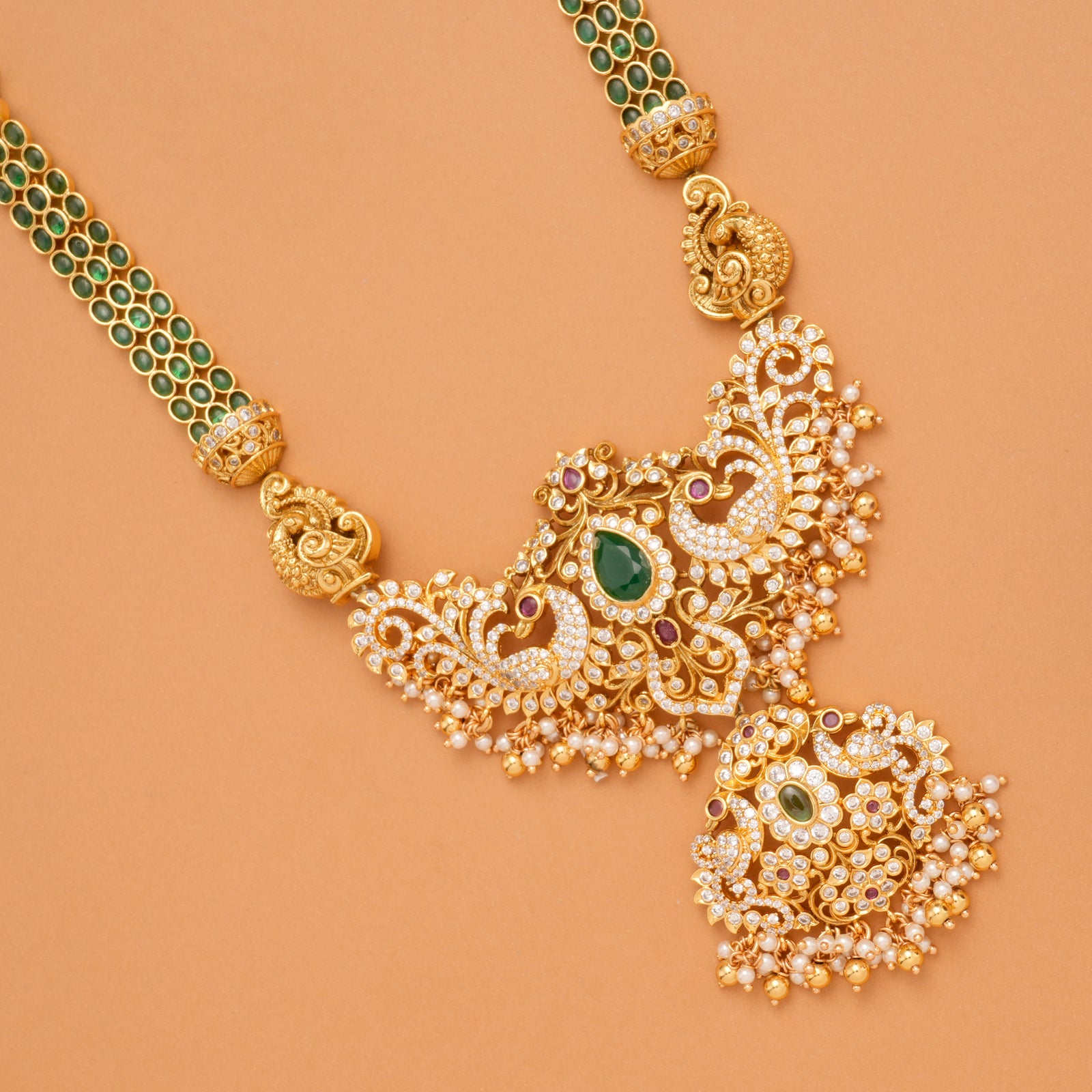 Traditional Emerald White Stone Peacock Long Haram