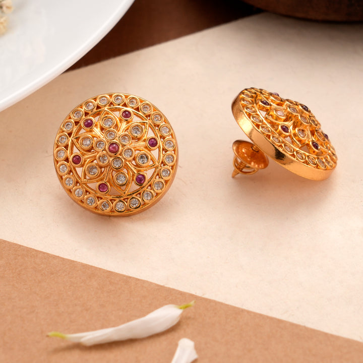 Round Ruby and White Stone Kundan Stud