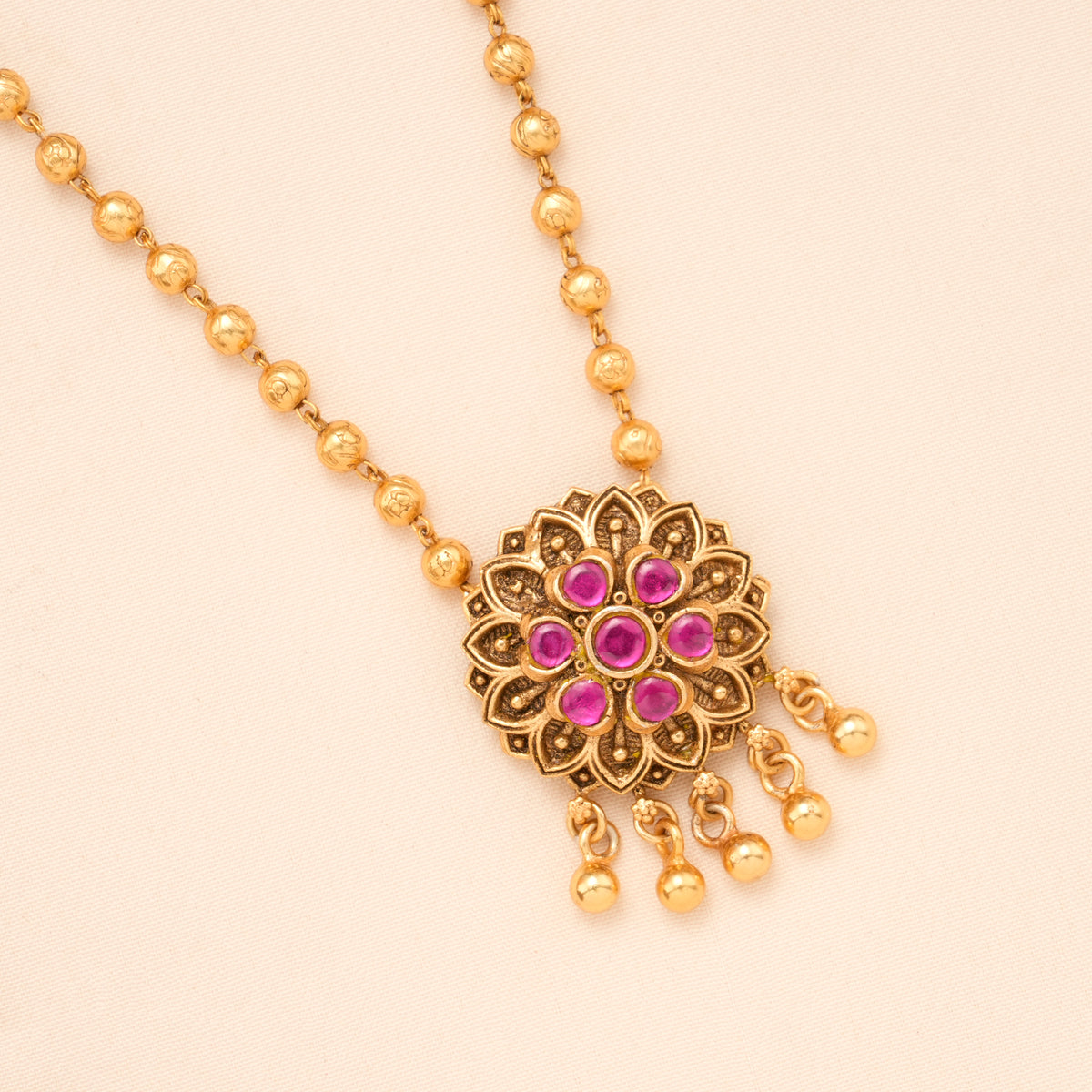 Ruby Blossom Pendant Golden Drops Necklace Set