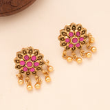 Ruby Blossom Pendant Golden Drops Necklace Set
