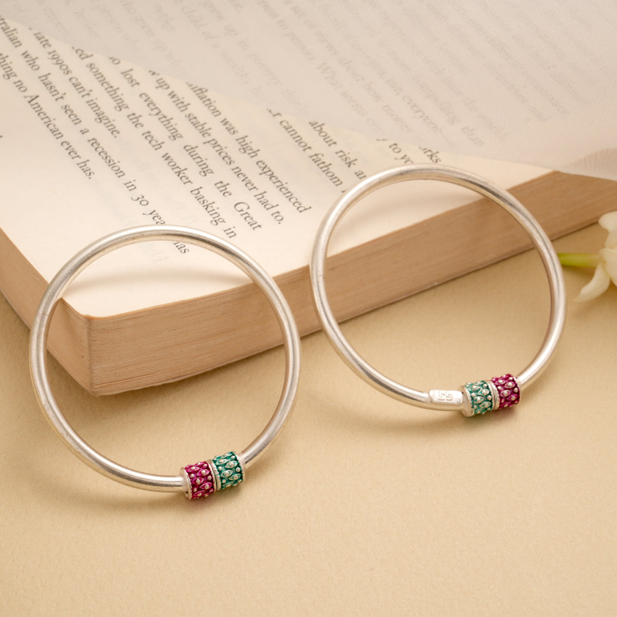 Dual Enamel Beads Silver Baby Bangle