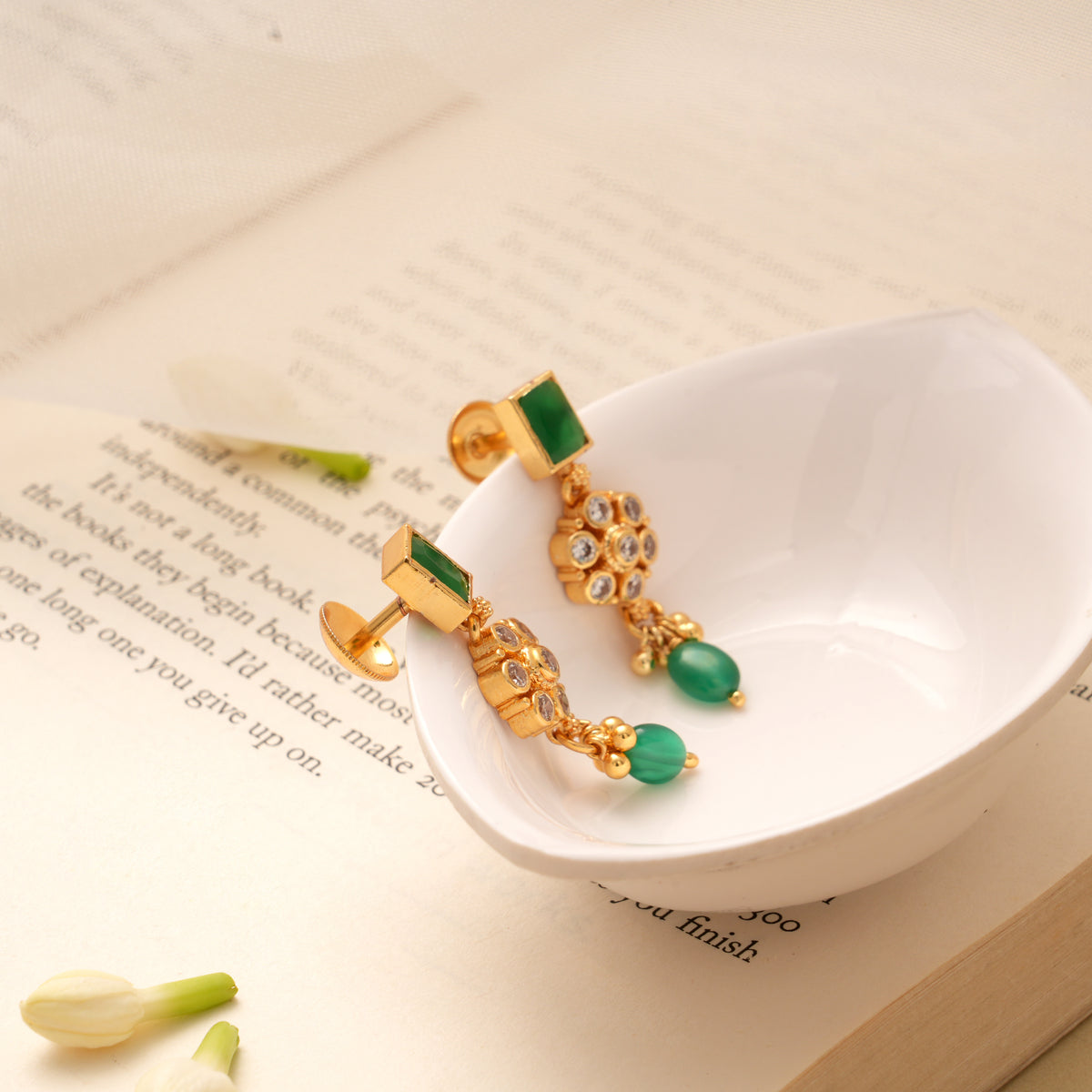 Elegant Floral Square Emerald Beads Golden Earring