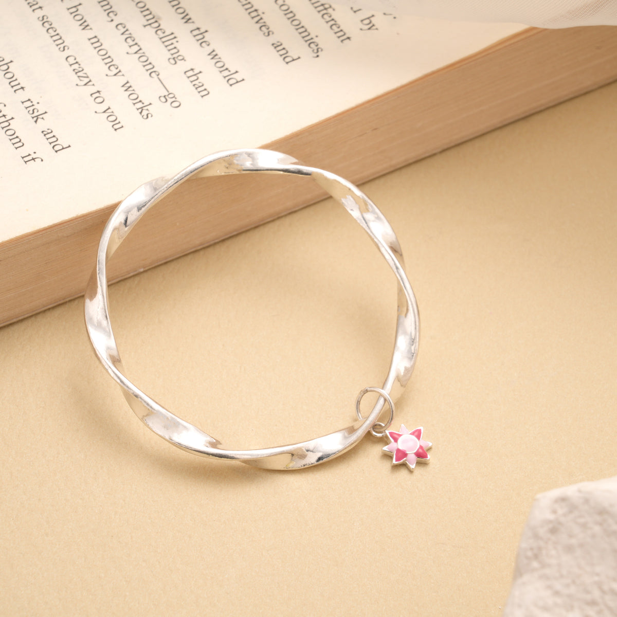 Timeless Pink Enamel Star Drops Silver Bangles