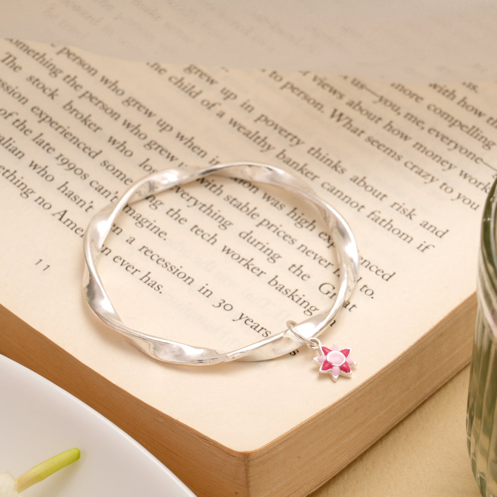 Timeless Pink Enamel Star Drops Silver Bangles