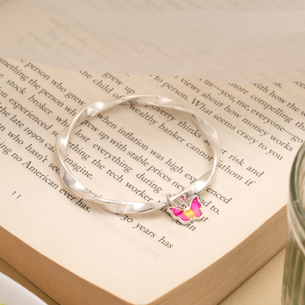 Twisted Pink Enamel Butterfly Drops Silver Bangles