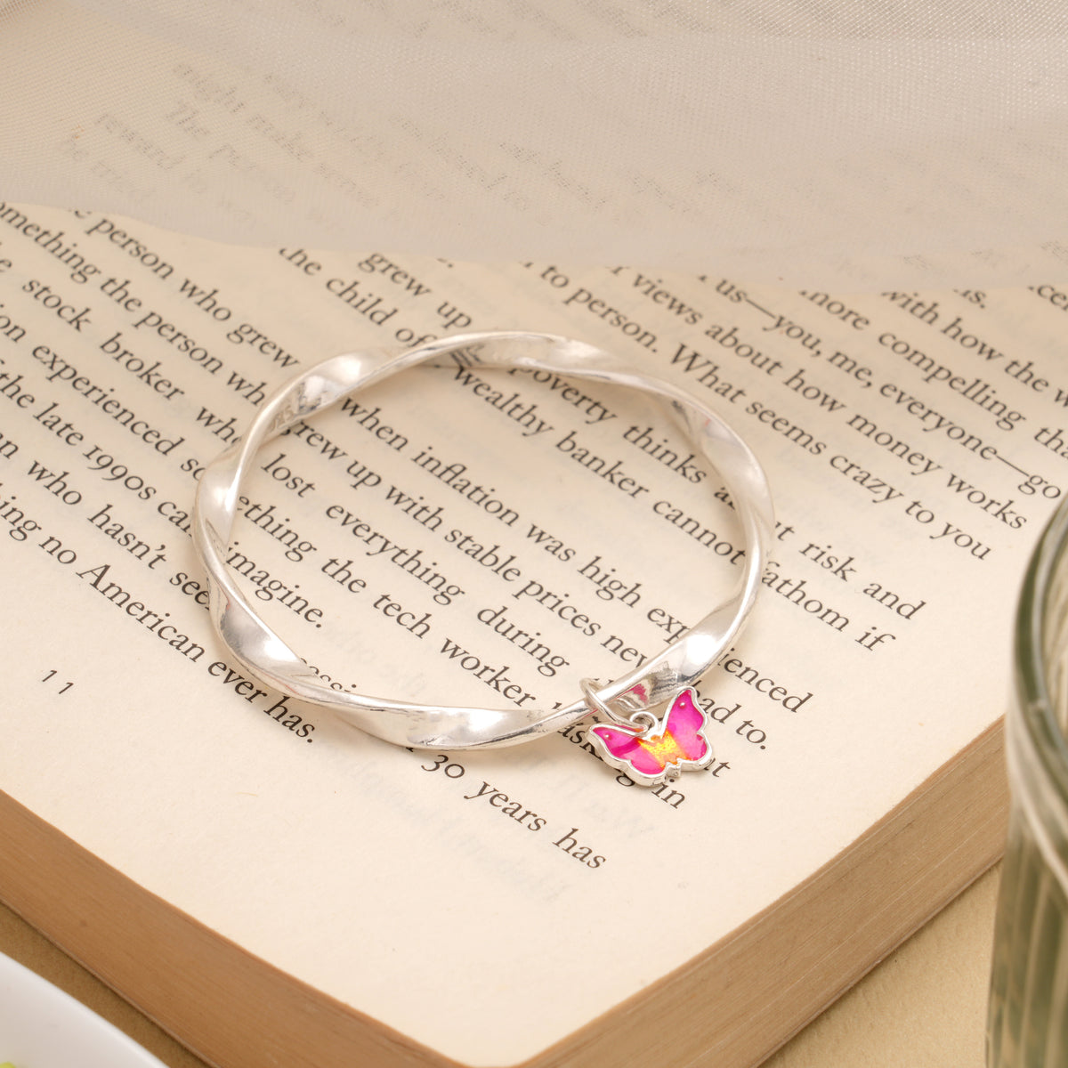 Twisted Pink Enamel Butterfly Drops Silver Bangles