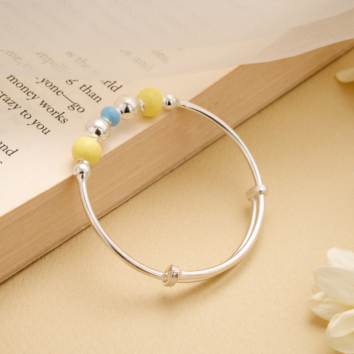Shining Multi Beads Silver Adjustable Bangle